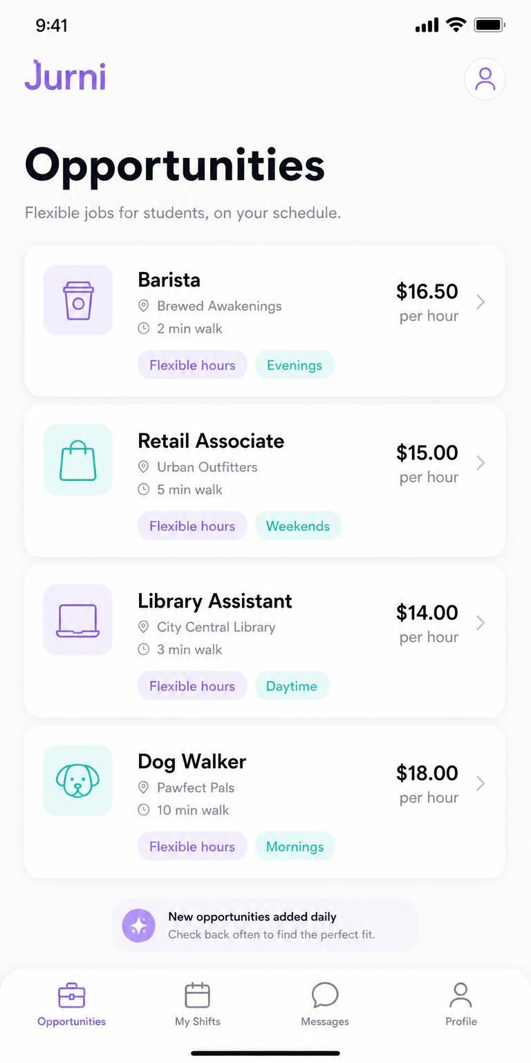 Jurni app — Jobs screen